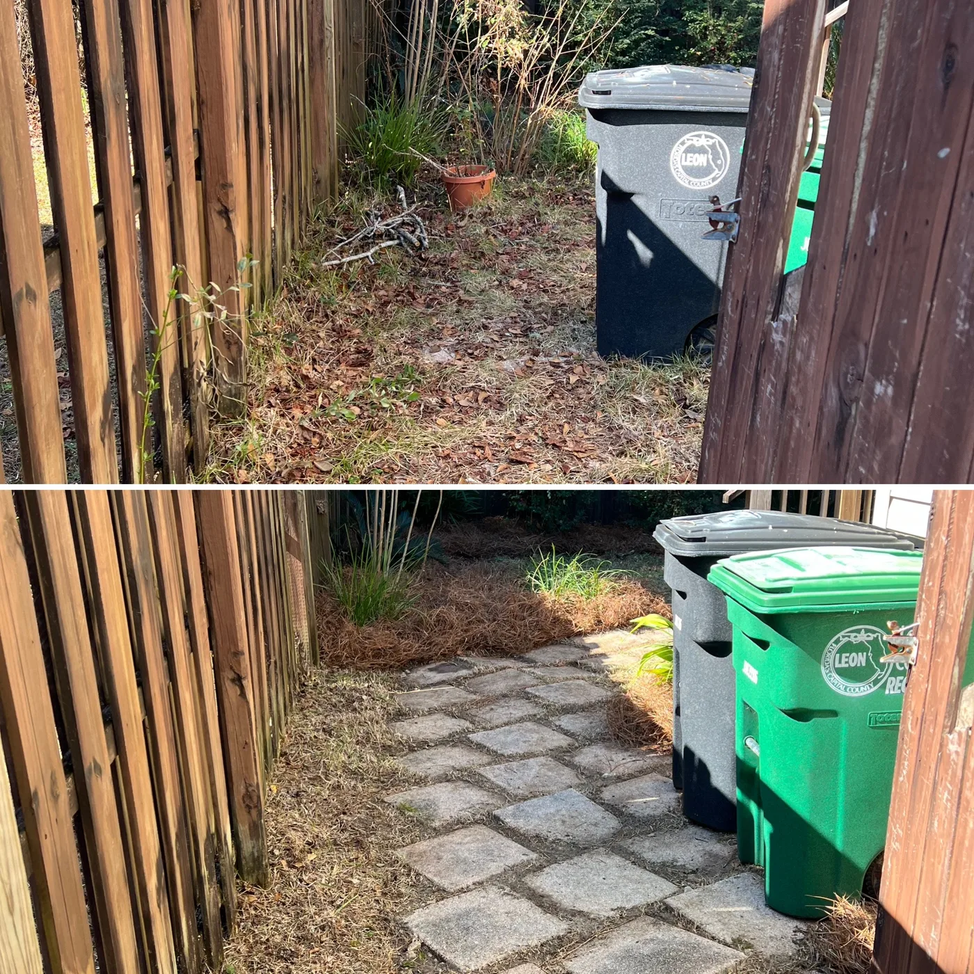 Before and after: weedy side yard by trash cans cleared to a clean stepping-stone path