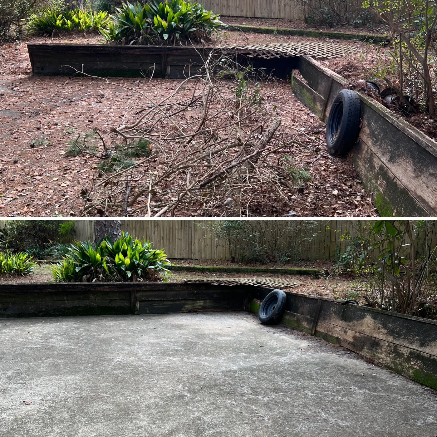 Before and after: debris-filled raised patio area cleared and swept clean