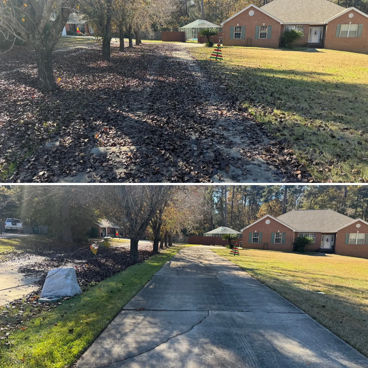 Before and after: leaf-covered front yard and driveway blown clean
